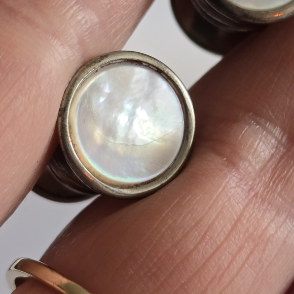 Vintage cuff links silver tone white mother of pearl shell inlay Silver snap - Picture 2 of 10